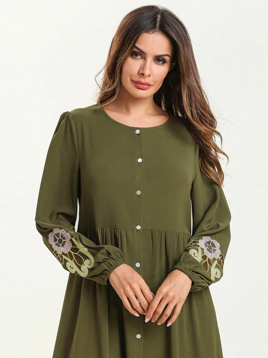 Женская абайя Турция Дубай зеленый мусульманское платье Кнопка Вышивка платья Кафтан турецкая исламская одежда размера плюс Бангладеш Халат