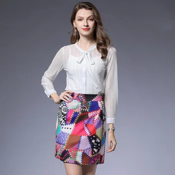 

HAMALIEL Newest 2019 Two Piece Set Spring White Lace Bow Hollow Out Women Shirt Tops + Runway Print Floral A Line Skirt Suits