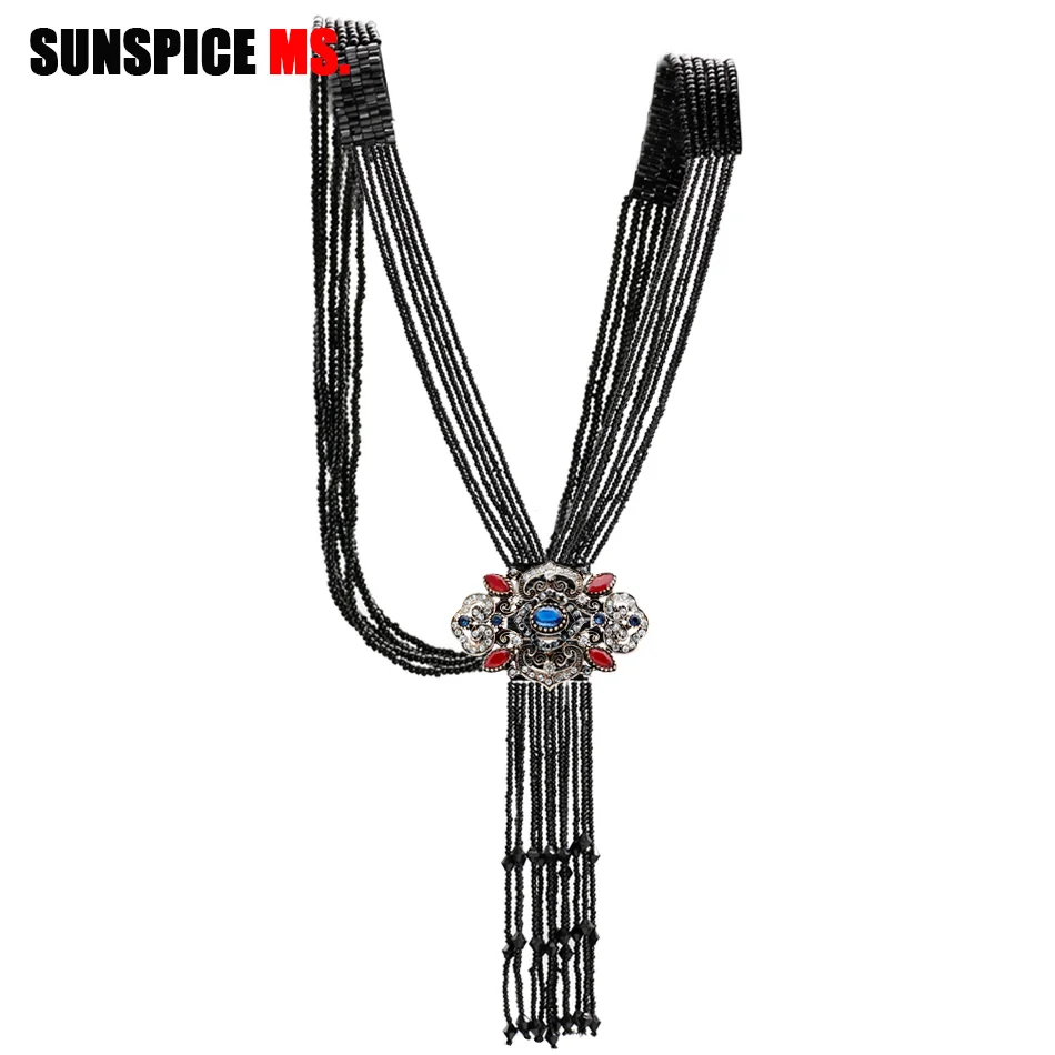 

SUNSPICE MS Morocco Long Bead Sweater Chain with Flower Pendant Multilevel Black Chain Necklace Turkish Ethnic Wedding Jewelry