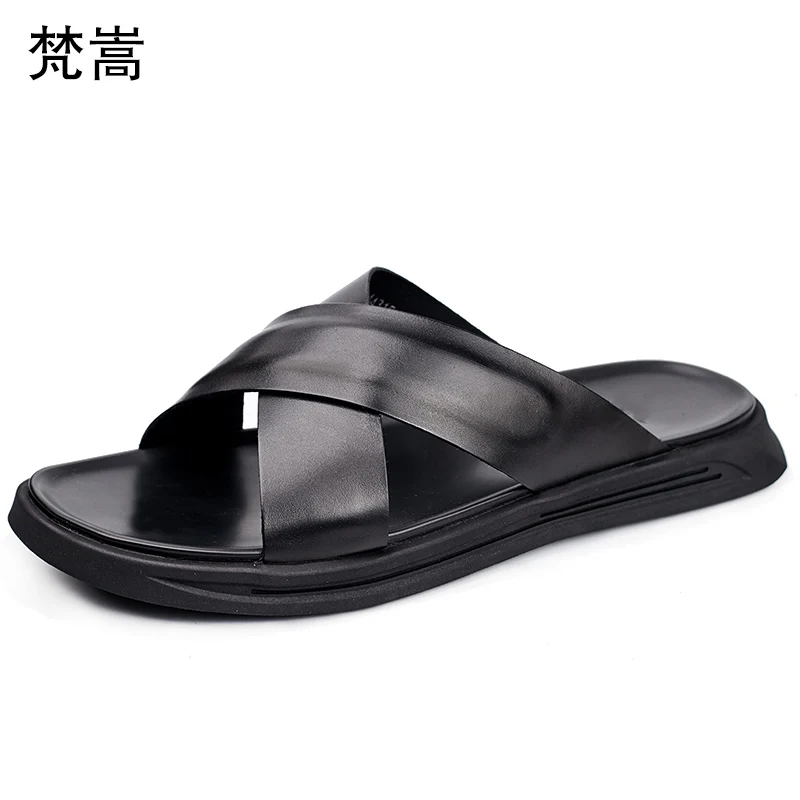 

Summer Genuine Leather Slippers Beach Shoes men all-match cowhide fender summer men genuine leather slippers flip flops male