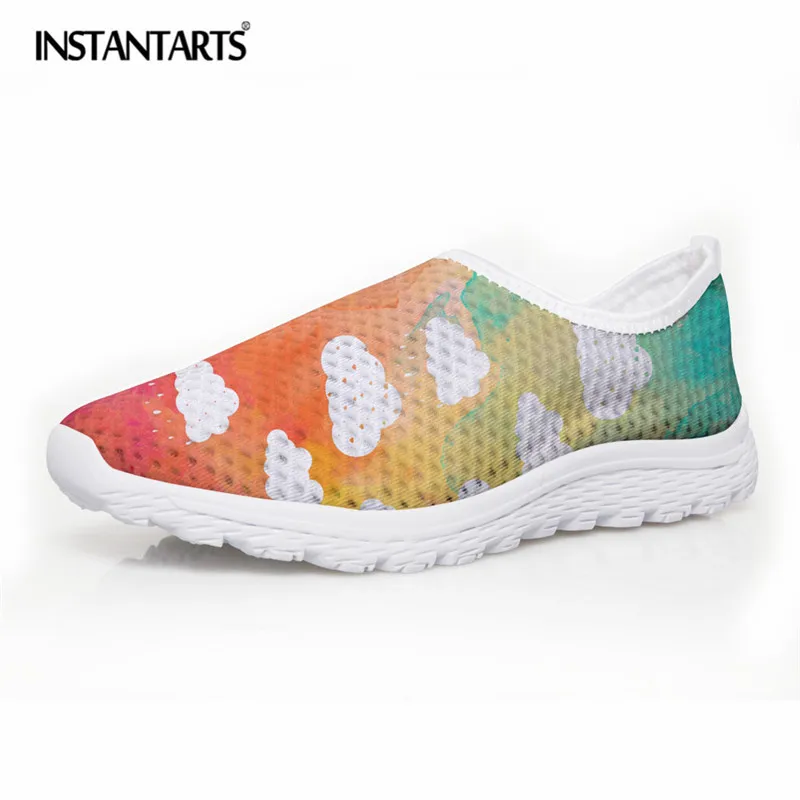 

INSTANTARTS Clouds Prints Mesh Flat Shoes Summer Breathable Sneaker Girls Lightweight Slip On Walking Shoes Beach Water Shoes