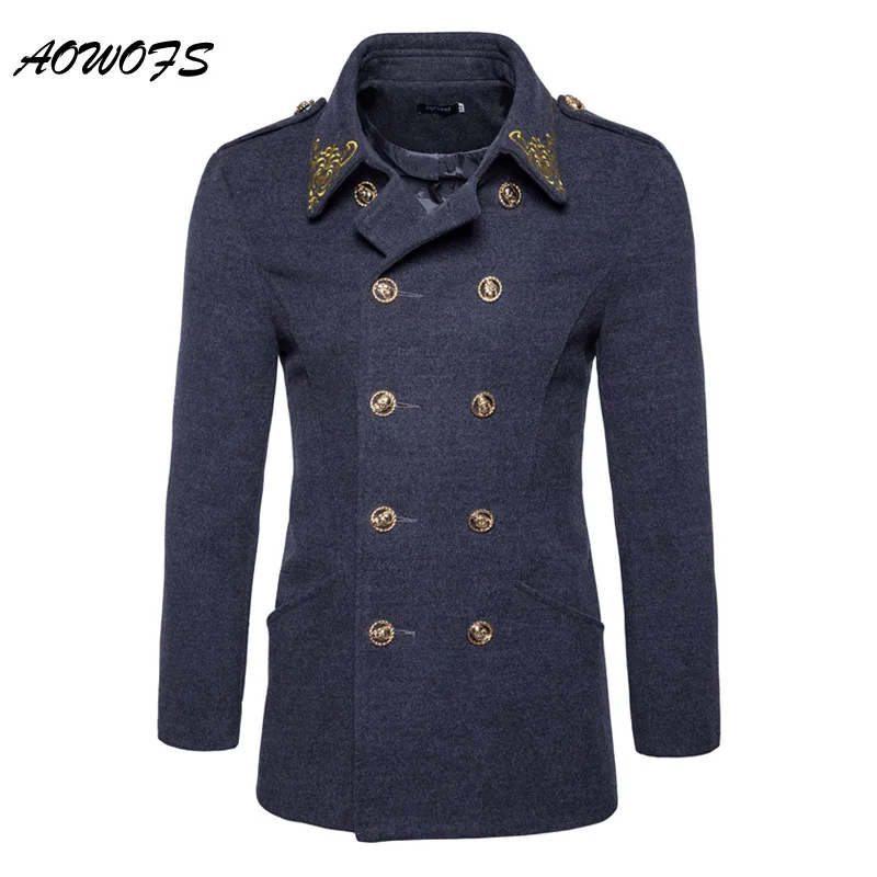 AOWOFS Mens Wool Coats Embroidery Trench Coats Skulls Button Double ...
