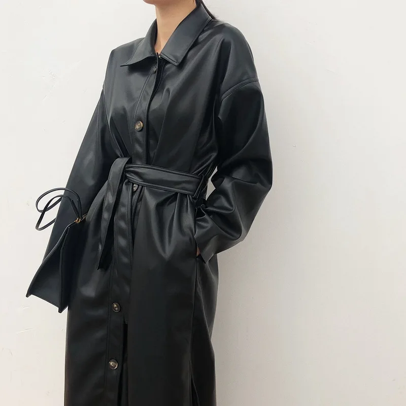 WSYORE Cool PU Leather Long Jacket 2020 New Autumn Women Loose Belt PU Leather Windbreaker Trench Coat Slim Spring Jacket NS939a
