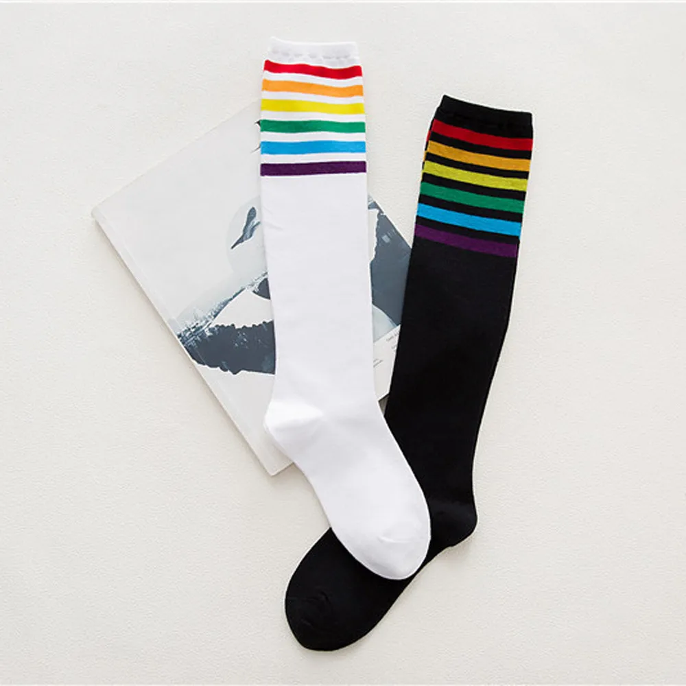 

2019 hot sale New Fashion Stockings 1 Pairs Thigh High Stockings Over Knee Rainbow Striped Printed Girls Stocking Black White3.8