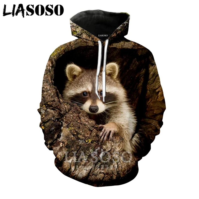 

LIASOSO Autumn New Fashion Men Women Sweatshirt 3D Print Animal Raccoon Hoodie Long Sleeve Round Neck Top Loose Pullover A262-03