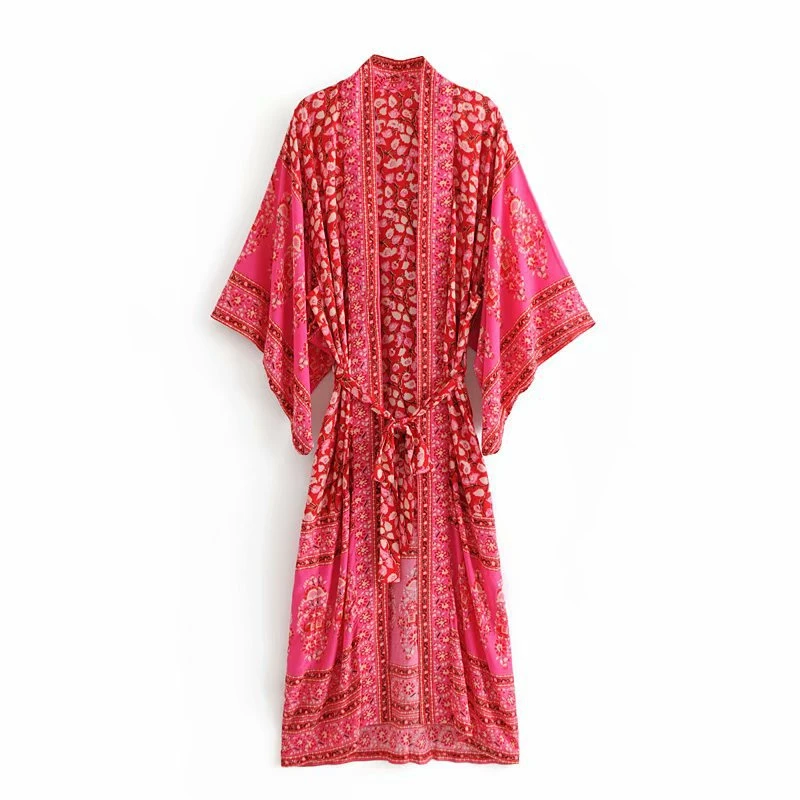 

Bohemian Location Flower Print Maxi Long Kimono Shirt Red Woman Ethnic Slit Sleeve Bow Tied Sashes Cardigan Loose Blouse Tops
