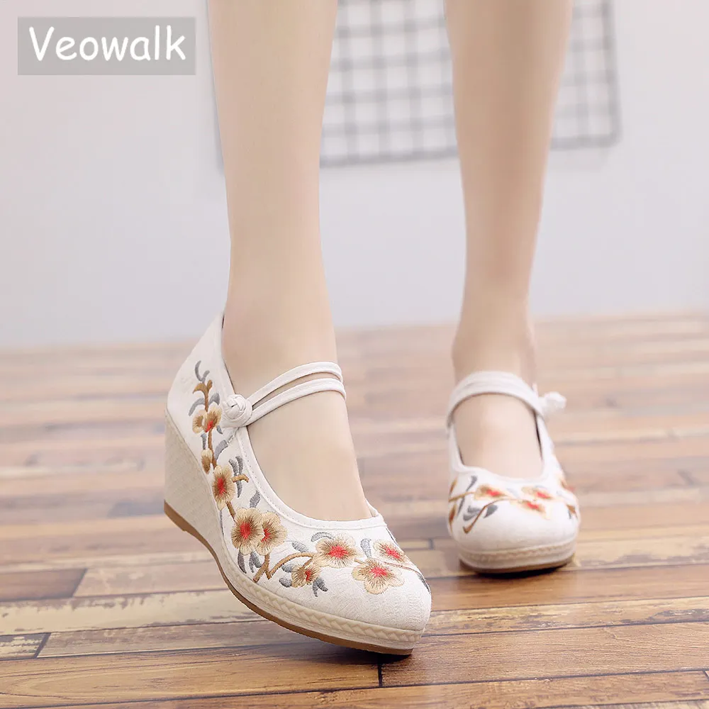 Женские холщовые туфли Veowalk на высокой танкетке туфли-лодочки платформе Мэри