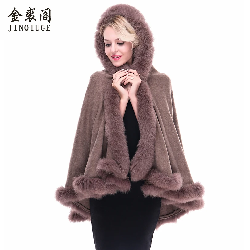 JINQIUGE Women's Real Fur Shawls Wool Blends Fox Fur Collar Hooded Pashmina Coat Cape New 2017 Women Wool Real Fox Fur coats