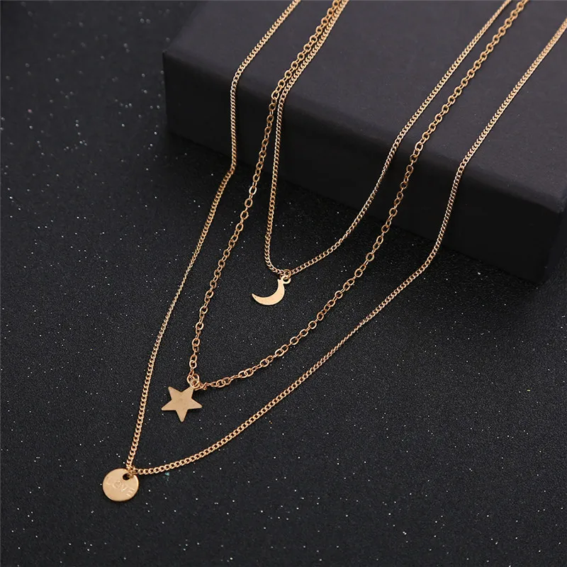 Women Multilayer Elegant Boho Gold Chain Choker Star Moon Pendant Necklace Gift