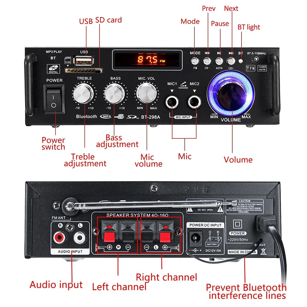 12 V 220 V ЖК-дисплей цифровой усилитель HIFI аудио стерео bluetooth FM 2CH AMP Автомобильный домашний USB SD MP3-плеер