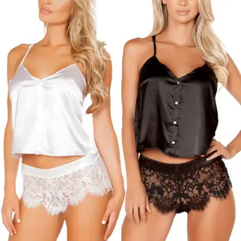 

Summer 2pcs Women Sexy Lace Sleepwear Babydoll Sleevel Pajama Sets Lingerie Nightdress Lace Pajamas Set Fashion