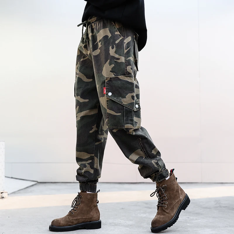 Black camouflage Pantalones Harajuku Bolsillo Camuflaje Moda Color Streetwear Sueltos Para Cargo De Mujer Talla Cordón Grande 6qSOrwx6aW