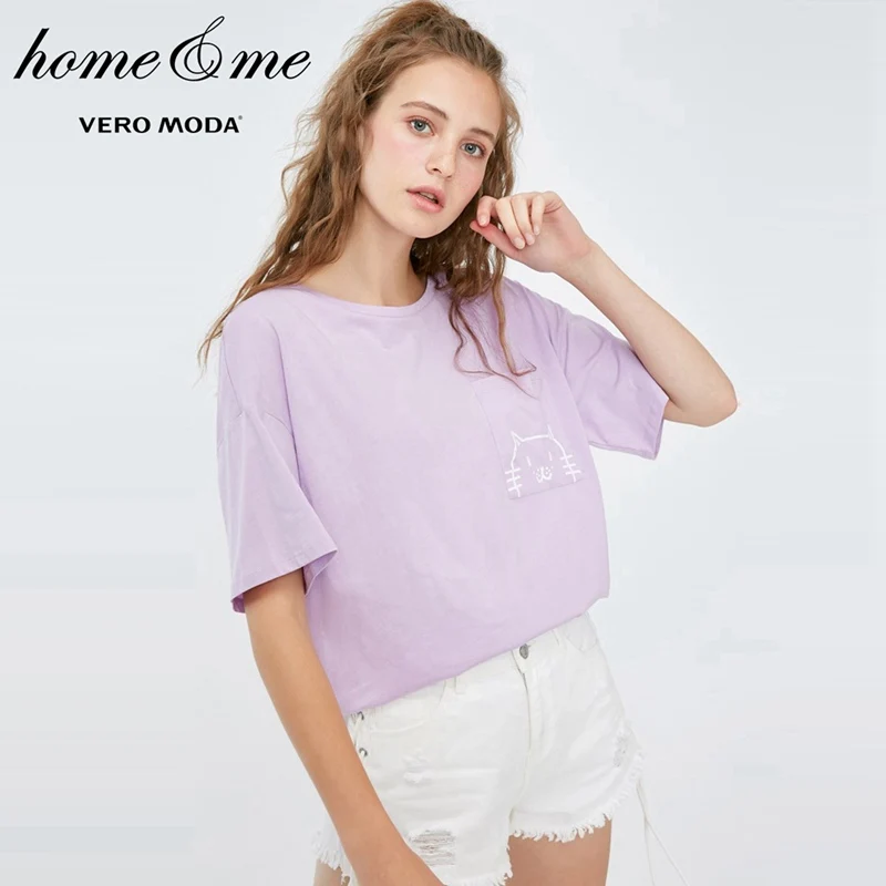 Vero Moda Весна и лето Печатный круглый вырез свободная футболка | 318401501 - Цвет: Orchid petal