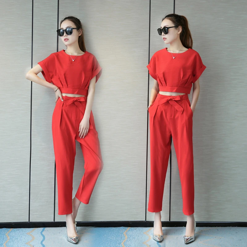 2019 Lente Zomer vrouwen Pakken mode dames temperament dunne tij voeten Haren broek + korte mouw Blouses pak Twee delige set 2019 Lente Zomer vrouwen Pakken mode dames temperament dunne tij voeten Haren broek + korte mouw Blouses pak Twee delige set