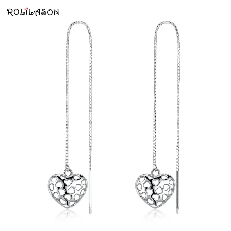 

ROLILASON 925 sterling silver heart hollow earrings for girl party gift pure silver jewelry 2.2G SE23