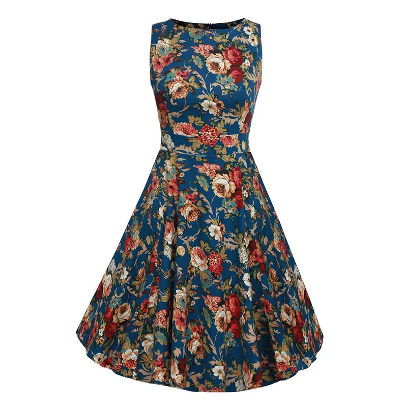 Kostlish Cotton Summer Dress Women 2017 Sleeveless Tunic 50s Vintage Dress Belt Elegant Print Rockabilly Party Dresses Sundress (30)