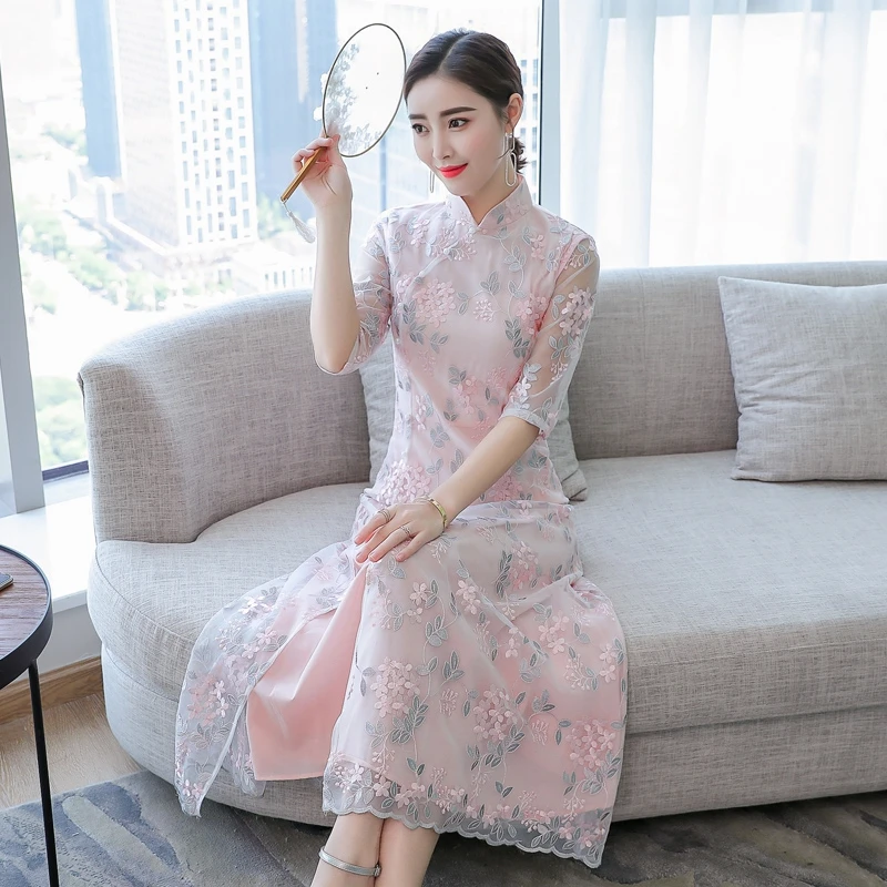 Китайское платье qipao полная длина Половина рукава qipao китайское улучшенное свадебное платье Элегантное невесты cheongsam длинное платье - Цвет: color2