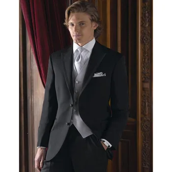 

2017 High Quality Black Mens Suit Peaked Lapel Wedding suits for men Groom Tuxedo Business terno masculino (Jacket+Pants+Vest)