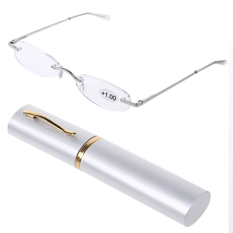 

Portable Slim Metal Rimless Reading Glasses Presbyopic Eyeglass Hyperopia Eyewear Mini Case 1.0 to 3.5