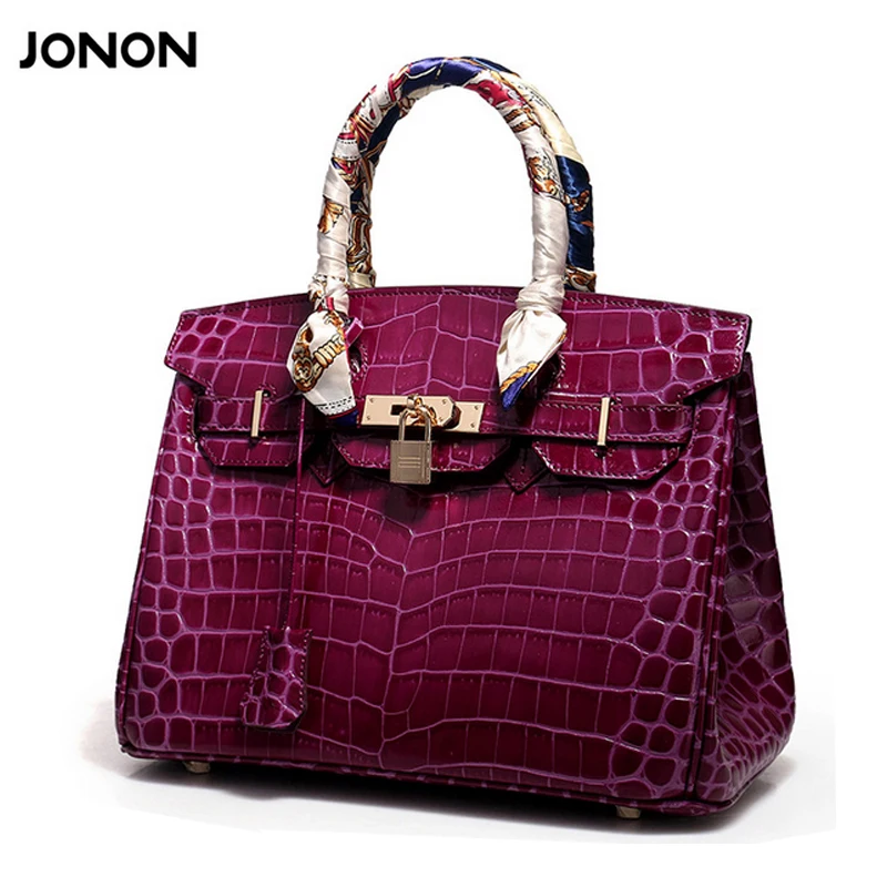 

JONON Women Leather Handbag Crocodile Brand Designer Bag Shoulder Bags Genuine Leather Handbags Padlock Scarf Tote Bags