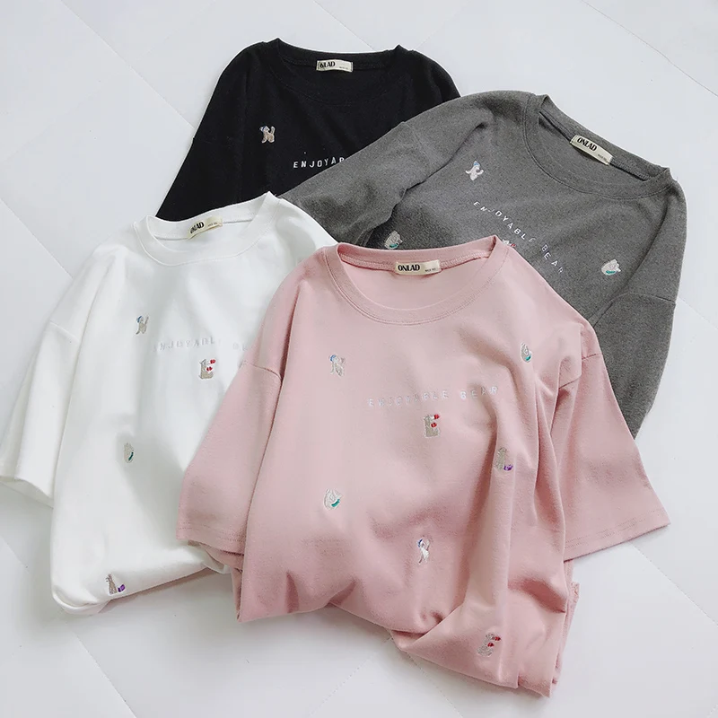

2019 Good Quality Fun Embroidery Tees Women Short Sleeve Fashion Japan Solid Cotton Casual T Shirts Loose Letter Tops