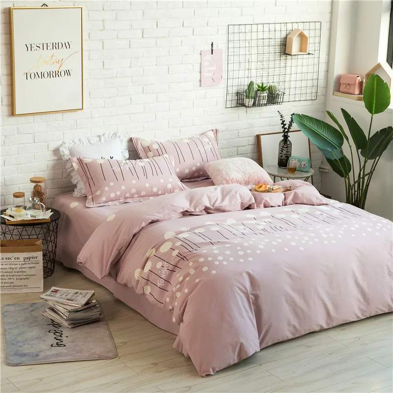 

Girlish Style Pink Solid White Print Pattern 4Pcs Bedding Set King Size Duvet Cover Bedclothes Sheet Pillow Case Home Textile