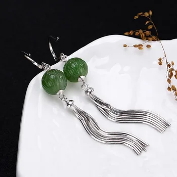 

Real Silver 925 Long Tassel Earrings Hook Inlaid Natural Gemstone Hetian Jade Jasper Lotus Engraved Women Fine Jewelry