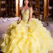 Бальное платье Бальные платья желтого цвета с открытыми плечами каскадными оборками с украшением в виде кристаллов Бусы из органзы для выпускного вечера вечерние платье для сладкой 16