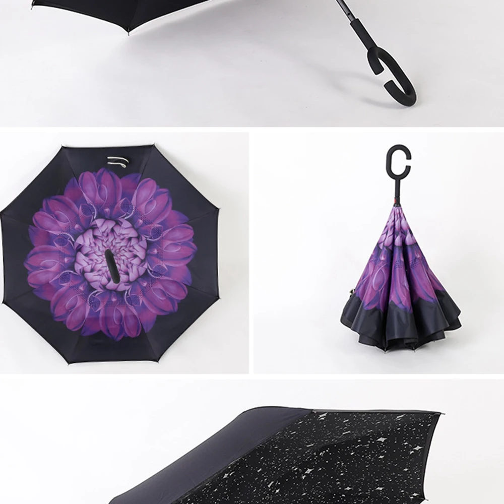 Дорожный зонт, крепкий, водонепроницаемый, форма C, двойной слой, обратный, автомобильный зонт, открытый/закрытый в узком пространстве, креативный, графический