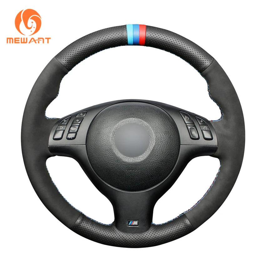 MEWANT Black Genuine Leather Suede Hand Sew Car Steering Wheel Cover