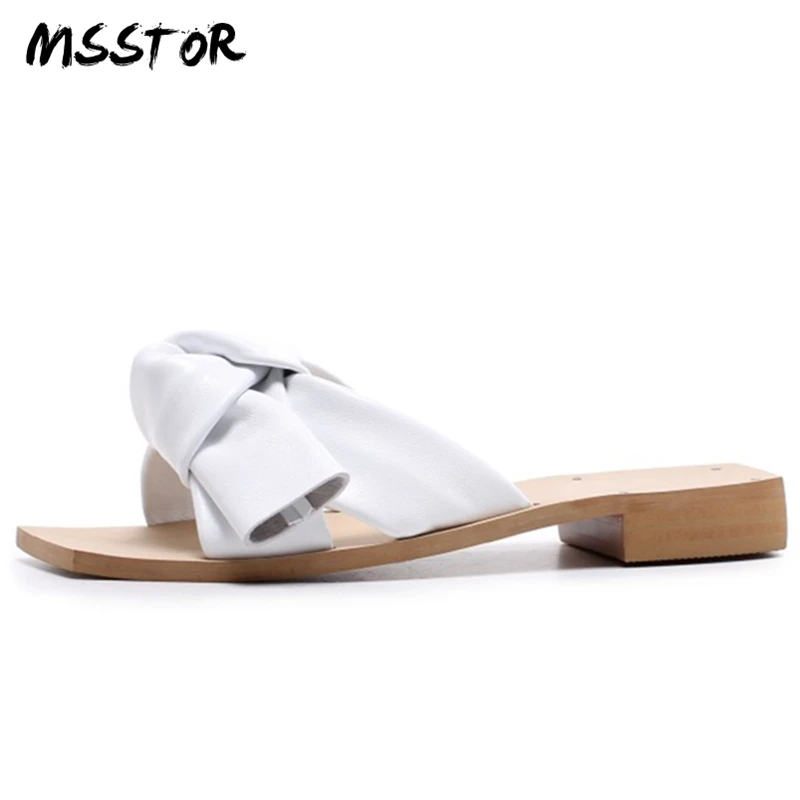 MSSTOR Бабочка-узел женские туфли на плоской подошве белого дерева из натуральной кожи Повседневное Для женщин летние туфли открытый носок