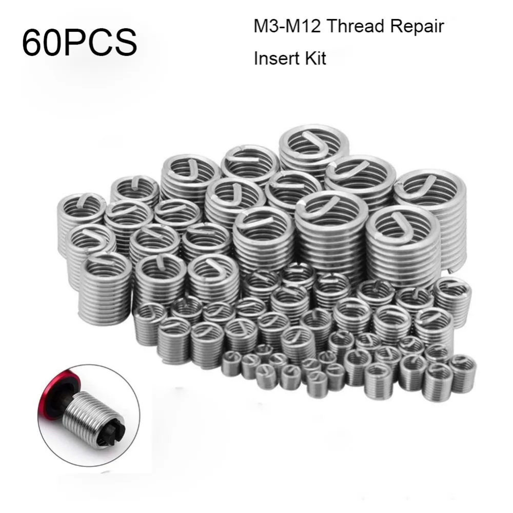 

60Pcs Repair Thread M3-M12 Thread Repair Insert Kit Stainless Steel Coiled Wire for Helicoil Thread Repair Kits Hardware Tools