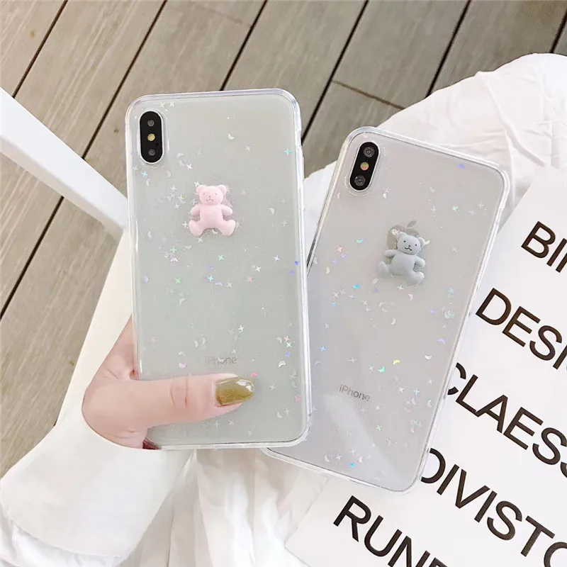 

Transparent sequins stars bears phone case For iphone 6 6s 7 8plus luxury hard shell For iphone X XS MAX XR back cover