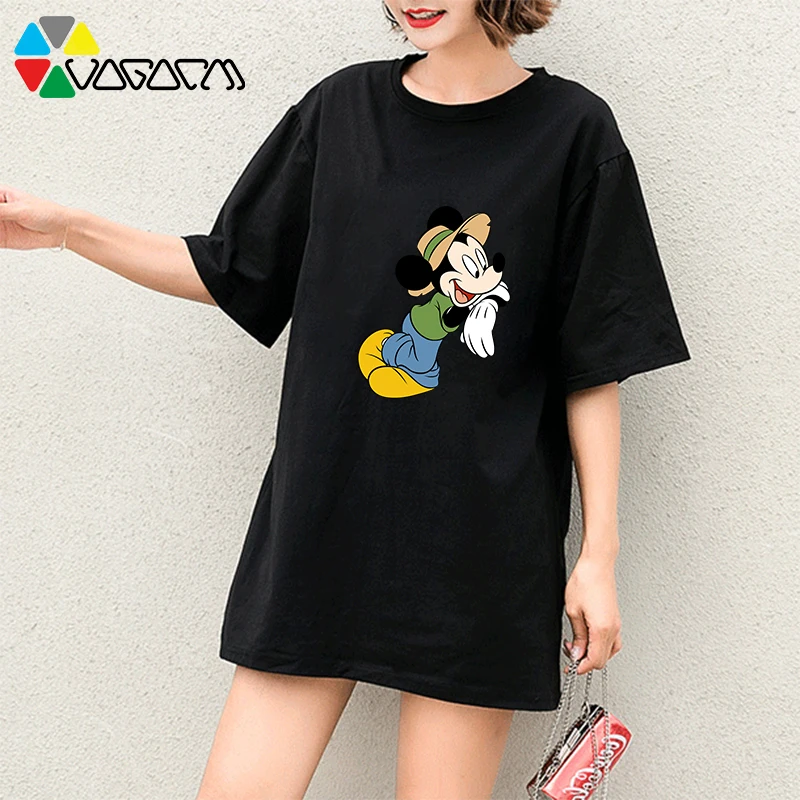 

Plus Size Cartoon Print Tops&tees Fashion Women Mickey Mouse Kawaii Loose Cotton Club Short Sleeve T-shirts