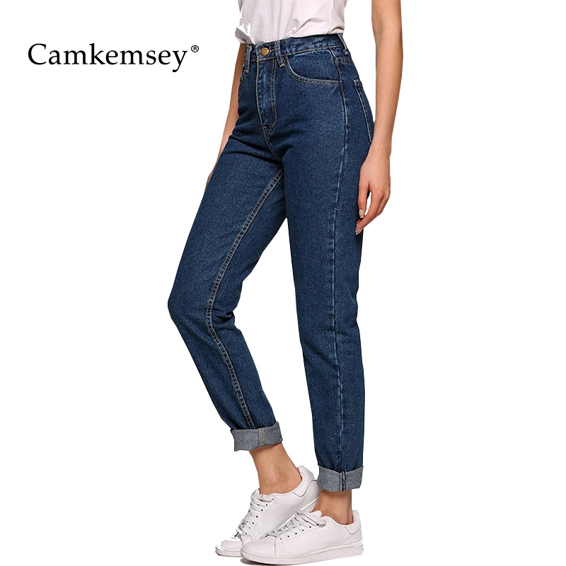 Camkemsey классические синие джинсы с высокой талией женские винтажные бойфренды мама джинсы женские повседневные до щиколотки джинсовые