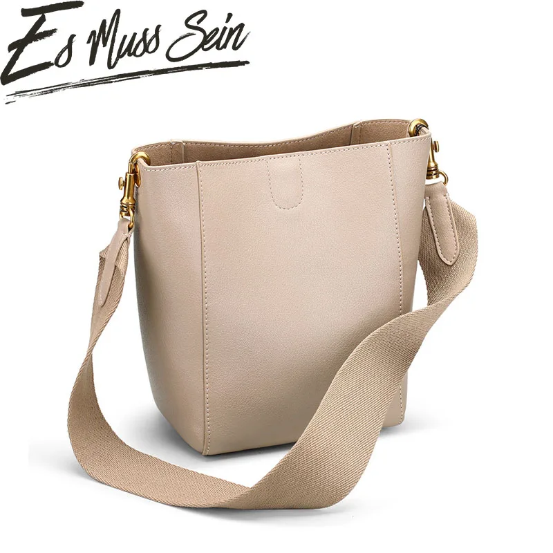 EsMussSein Genuinle Leather Women Small Shoulder Bag Solid Color Lady Comfort Wide Strap ...