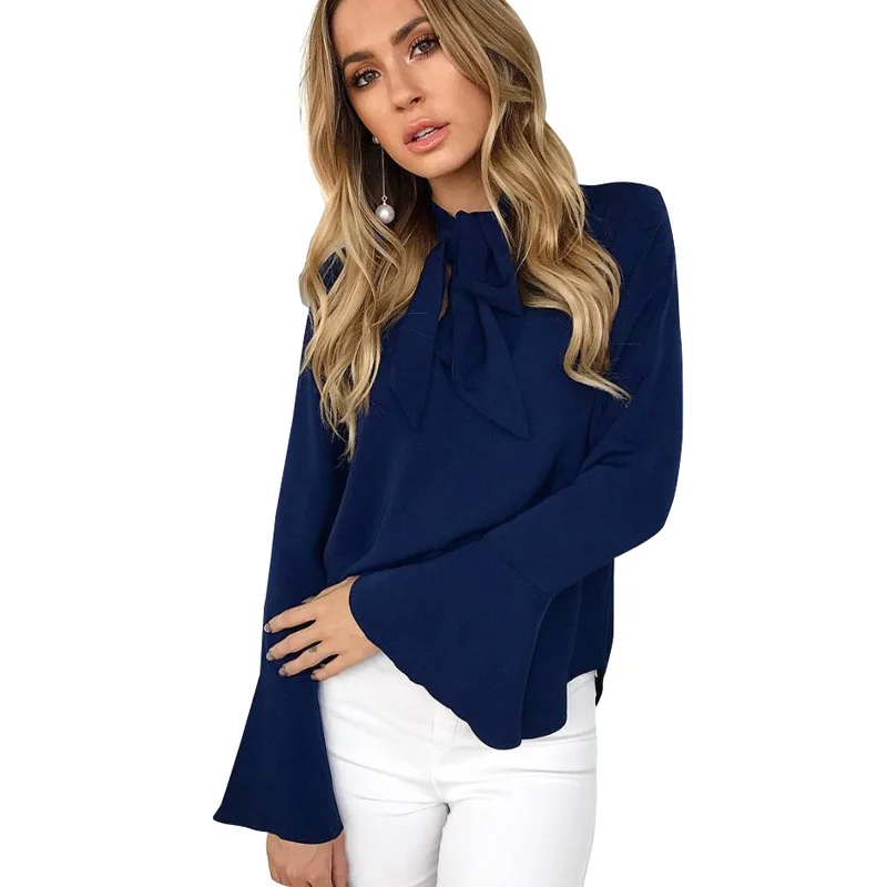 

2018 Hot Sales Women Blouse Long Flare Sleeve Style Autumn Blouses Temperament Frenulum Irregular Solid Colours Ladies Tops