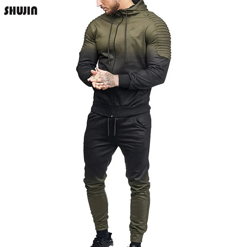 

SHUJIN 2019 Men Sportwear Set Zipper Hooded Sweatshirt Striped folds Jacket+Pants Gradient Males Casual Sports Cotton Suit