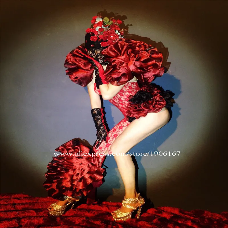 Red flowers lace dress dj ballroom dance costumes outfit rose party wears bar stage show catwalk performance clothe prom dj4