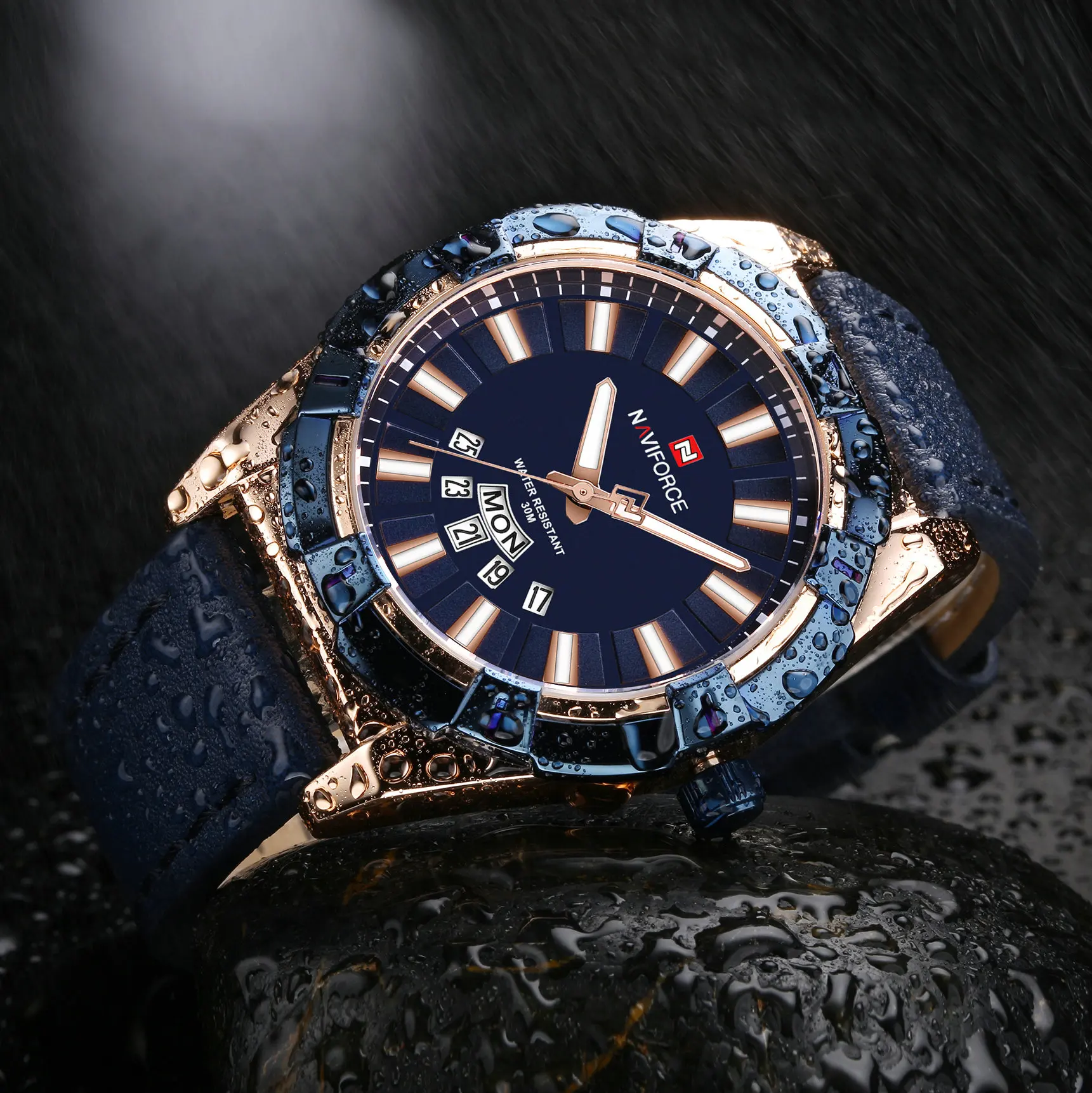 NAVIFORCE Роскошные брендовые военные спортивные мужские часы, синие водонепроницаемые кварцевые часы с кожаным ремешком, модные модельные Аналоговые часы с датой