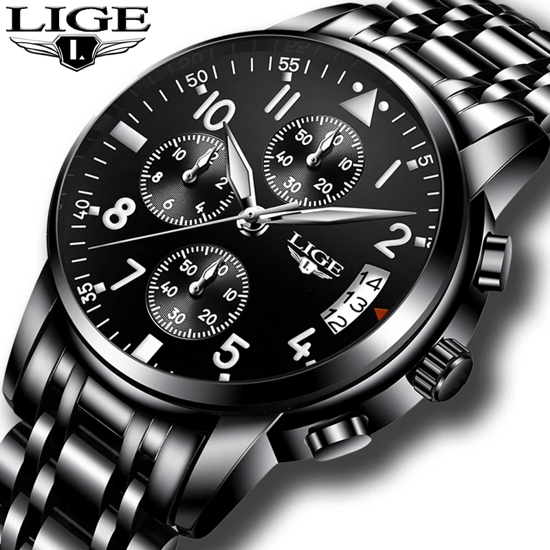 

Relogio Masculino LIGE Mens Watches Top Brand Luxury Fashion Business Quartz Watch Men Sport Full Steel Waterproof Black Clock