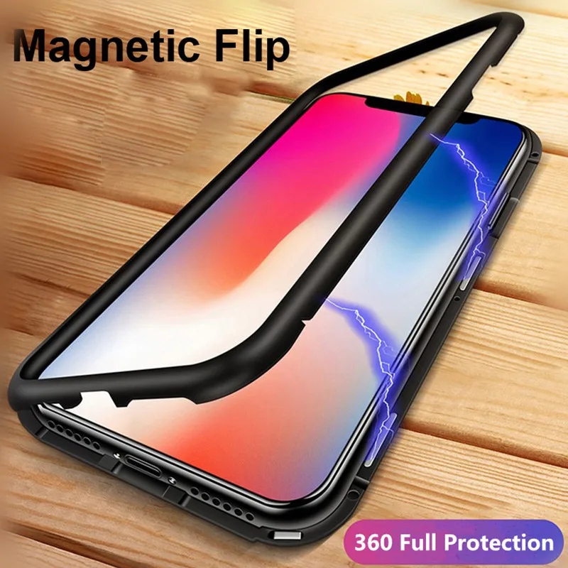 Магнитный адсорбционный чехол для IPhone X 8 7 Plus прозрачный из закаленного стекла 360