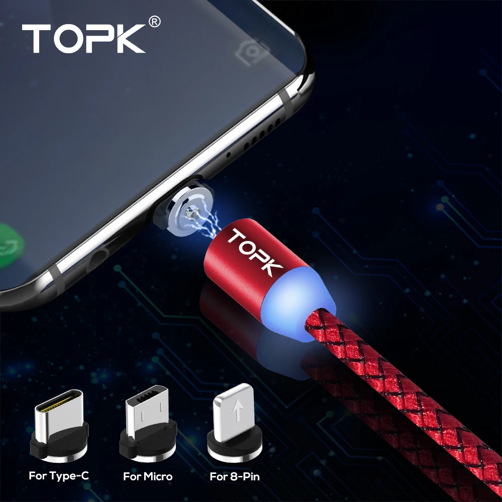 

TOPK R-Line LED Magnetic Cable Micro USB & USB Type-C Cable Magnet Charger Cable For iPhone X 8 7 6 Plus USB C Phone Cables Red