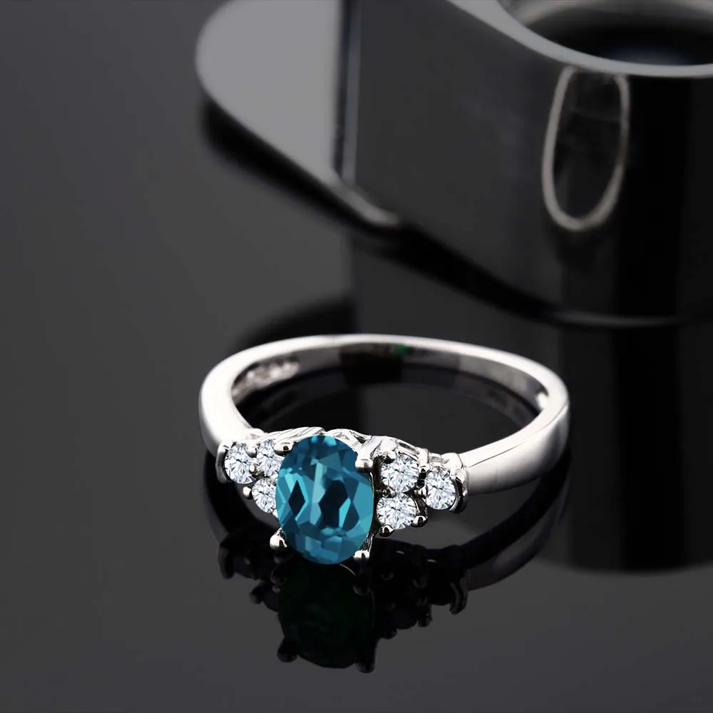 Gemstoneking 0.79 CT ОВАЛЬНЫЙ Лондон Голубой топаз белый Драгоценное кольцо