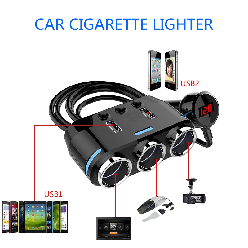 Двойное USB Автомобильное зарядное устройство 3 Way розетка для автомобильного прикуривателя Разветвитель зарядное устройство DC 12~ 24 В прикуриватель розетка светодиодный дисплей батареи