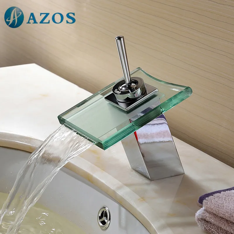 

Bathroom Sink Faucets LED Light Square Chrome Polish Glass Waterfall Spout Deck Mount Single Handle Toilet Furniture MPPB034CB