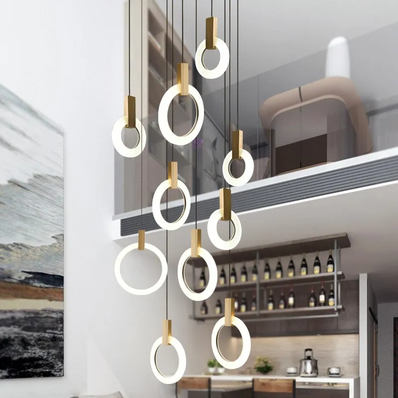 

Modern Circle Acrylic Led Pendant Lamp Villa Stair Hotel Dining Room Hanging Lighting Fixture Lustre Wood Pendant Drop Light Led