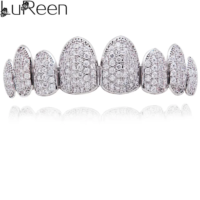 LuReen Iced Out Grillz Vampire Fangs Grillz Top Bottom Gold Teeth Hip Hop Tooth Caps CZ Crystal Bling Grillz Rapper Jewelry silver top