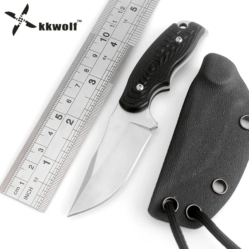 

KKWOLF fixed blade hunting knife 8CR13MOV Blade Outdoor survival knife Black G10 Necklace Camping tactical pocket knife tools
