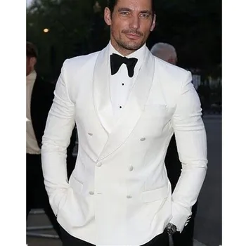 

2017 Summer Custom Double Breasted White Man Suit Groom men suit Tuxedo Bespoke Wedding mens Suits Black Pant (Jacket+Pants+Bow)